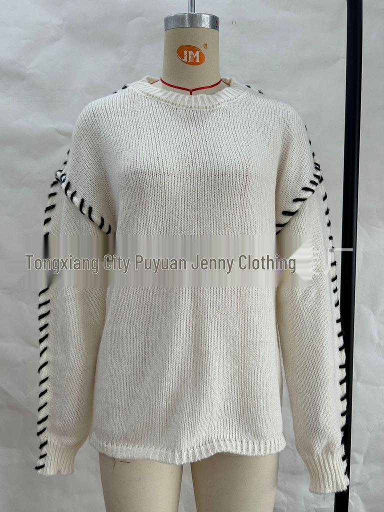 Loose Casual Solid Color Round Neck Knit Pullover with Drawstring Design - Women's Long Sleeve Sweater Top