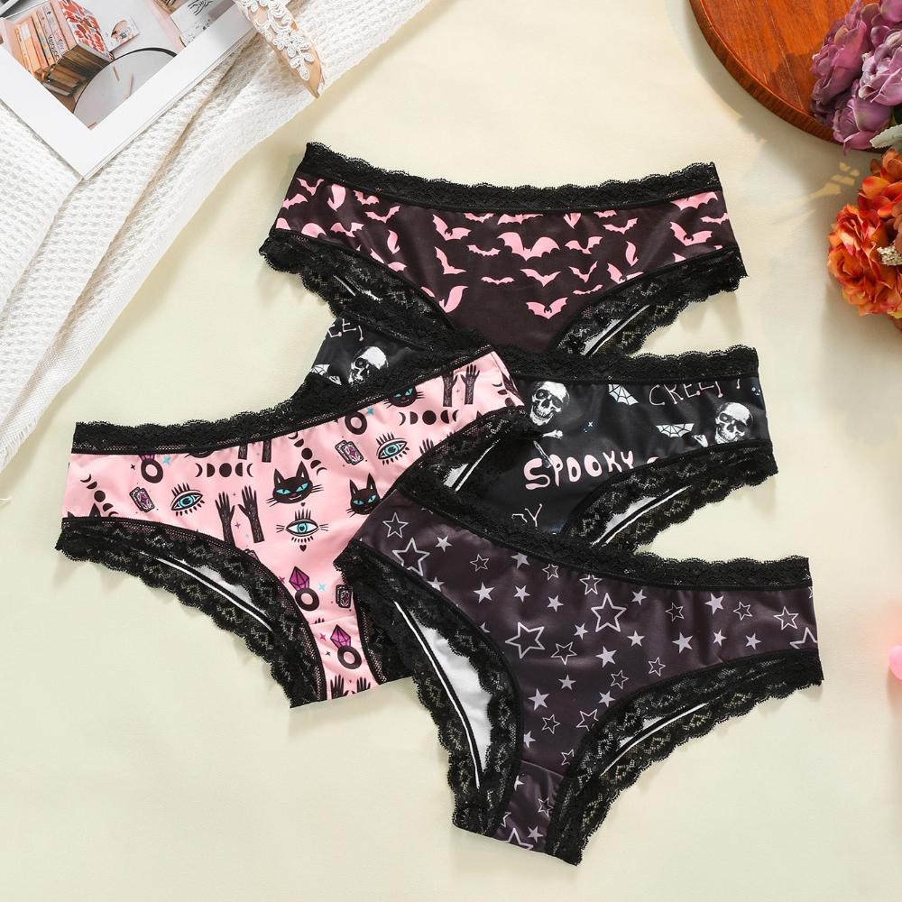 4Pcs Women's Gothic Low - Rise Hipster Panties with Contrast Lace Trim, Skull & Rose Prints for a Sexy Halloween Look Comfortable Hipster Panties
