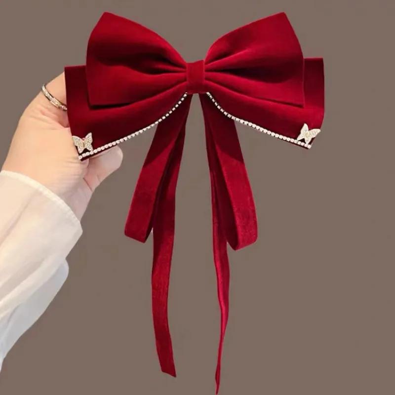Red Velvet Bow Hair Clips for Women Girls Elegant Hairpin Spring Clip Fashion Ponytail Barrette Wedding Party Hair Accessories