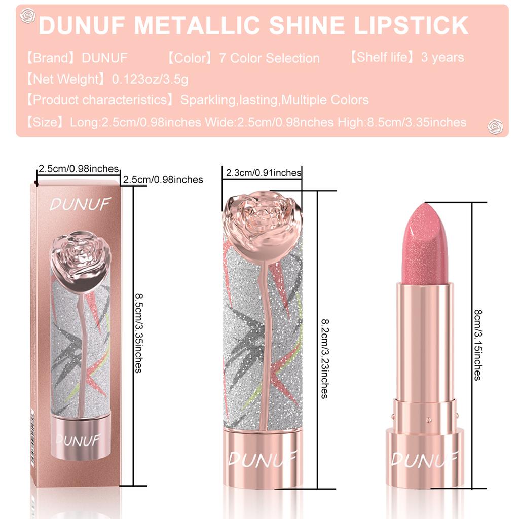 DUNUF 7-Color Metallic Shine Lipstick, Glitter Shimmer Waterproof Long-Lasting Lip Makeup