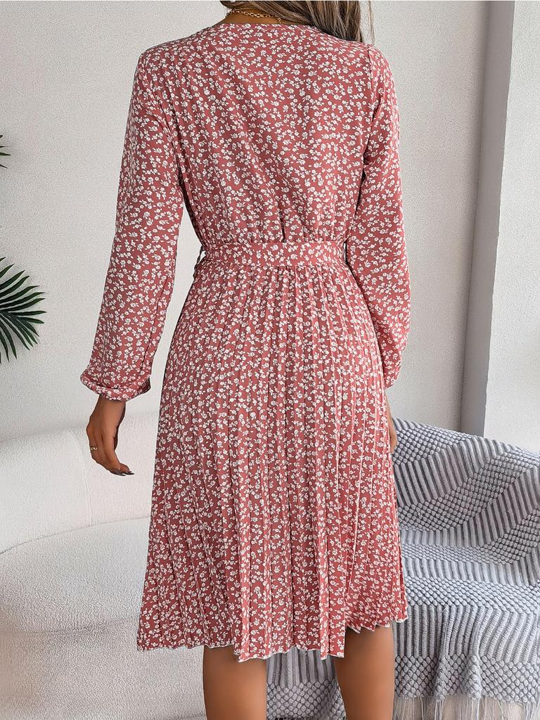 Ins Leisure Long Sleeved Floral Pleated Skirt Plus Size Dresses for Women Red Dresses for Women Elegant