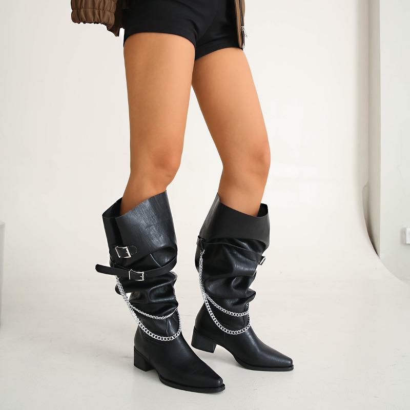 Metal Chain Tall Boots Fashion Pointed Toe Sleeve Belt Buckle Soft Sole Anti-Slip Wear-Resistant Block Heel Shoes