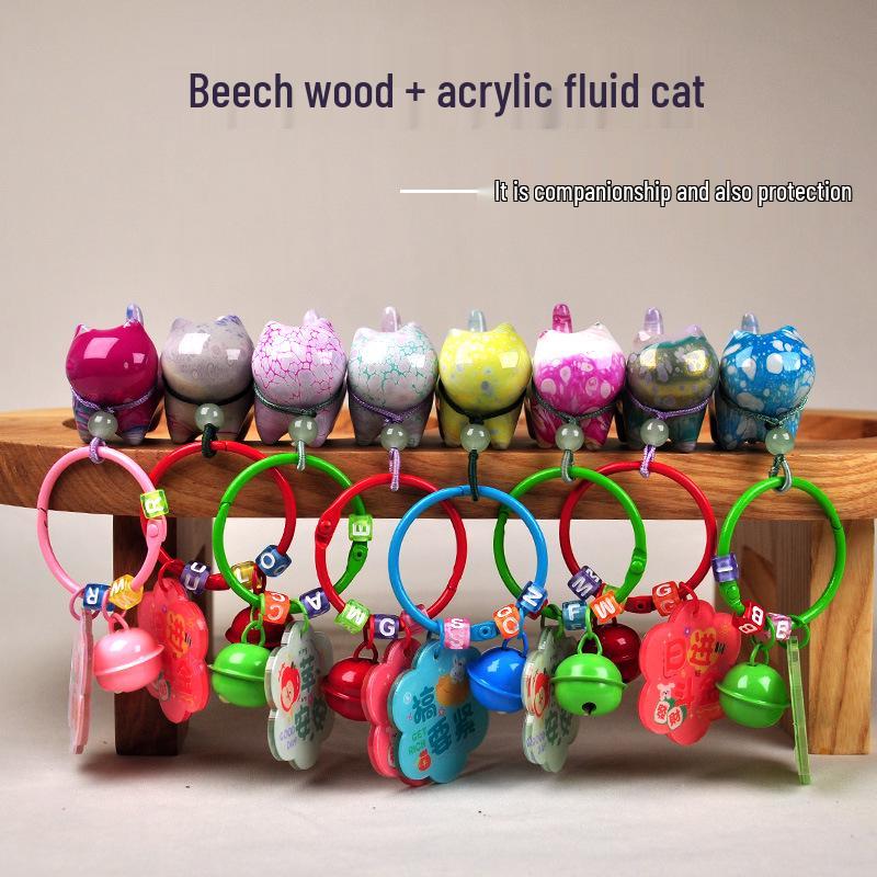 

Tsundere Cat Bell Ornament: Hand-Painted Wood Carving No-Face Kitten Pendant Different Texture, Approximate Color