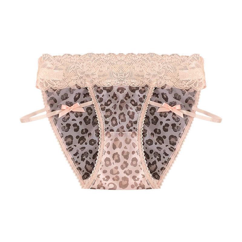 Lady Summer Pure Desire Sexy Lace Bow Leopard Print Ribbon Hollow Low Waist Triangle Briefs