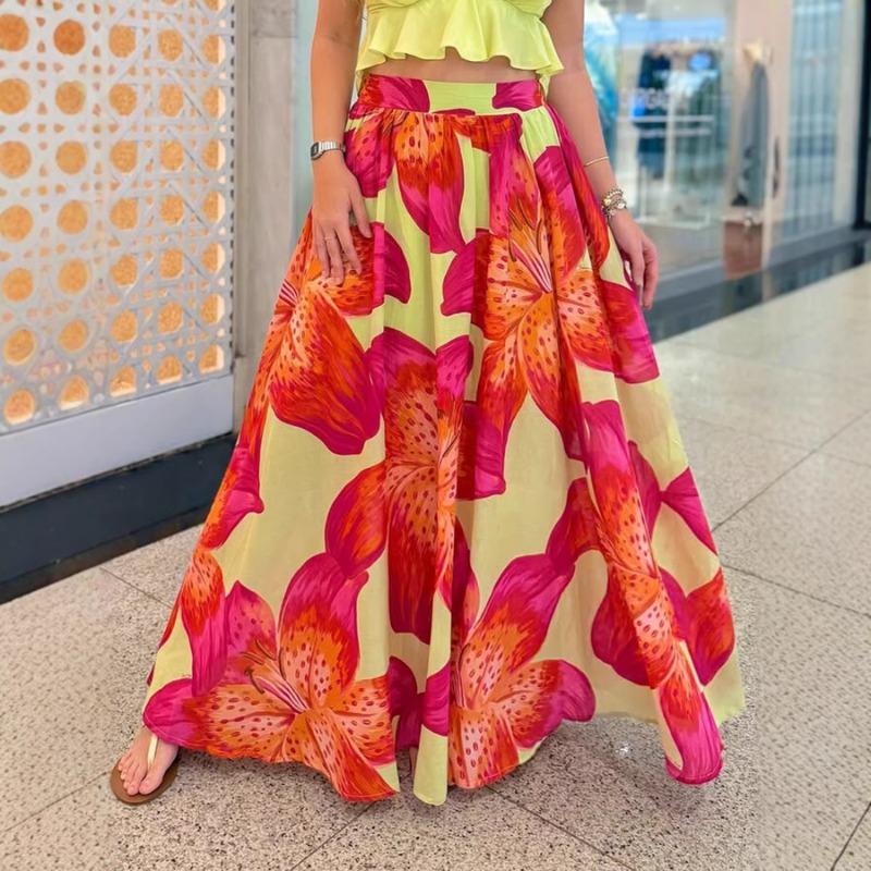 Womens Casual Floral Print High Waist Maxi Skirt S