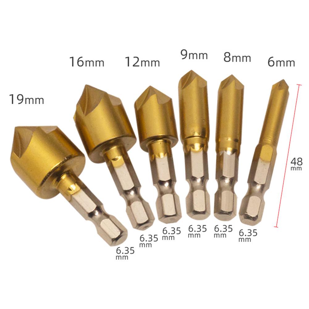 6PCS 5 Flute Chamfering Tool 6-19mm 90 Degree Countersink Drill Bit Set Drilling For Wood Metal  Woodworking Tool Hole Opener