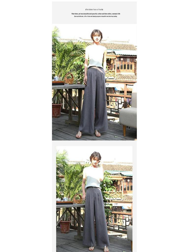 Women's Casual Linen Wide-Leg Pants - Slimming, Loose-Fit Straight-Leg for Summer