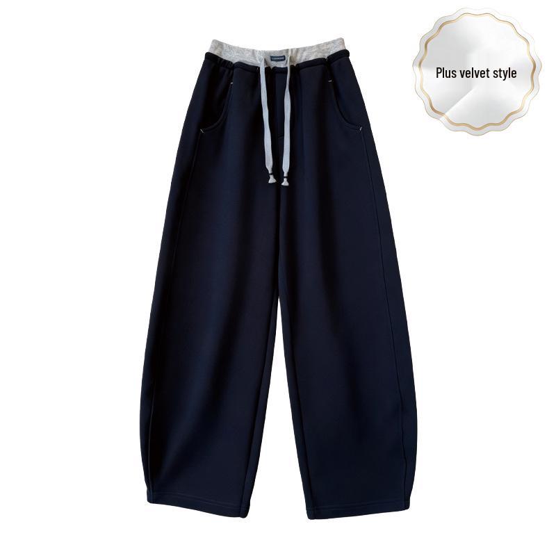 

European Fleece-Lined Curved Leg Women s Pants: Autumn/Winter Loose Slimming Color Block High-Waist Casual Style M