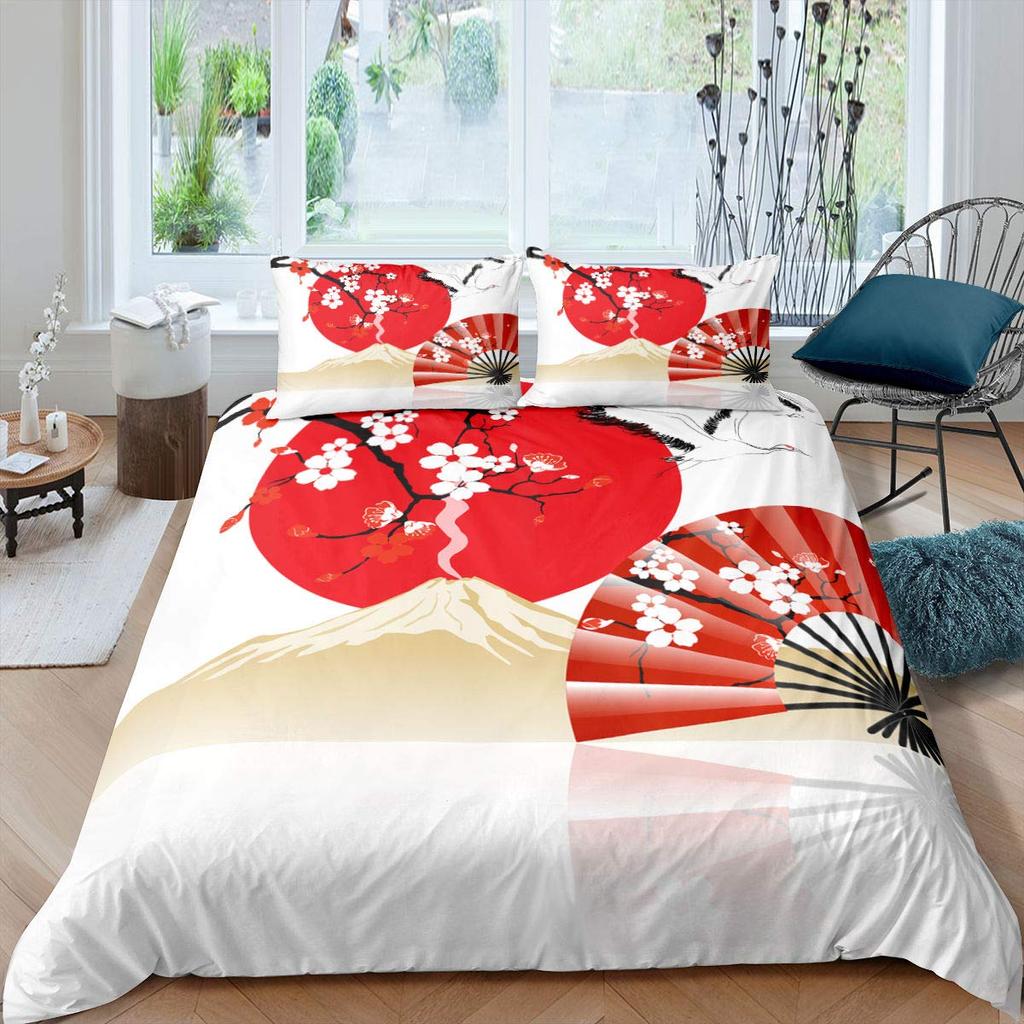 Japanischer Stil Weiche Bettbezug-Set für Mädchen Polyester Berg Fuji Warme Deckenbezug Kirschblüten Blume Tinte Hplus Gemalt Bequemer Bettdeckenbezug