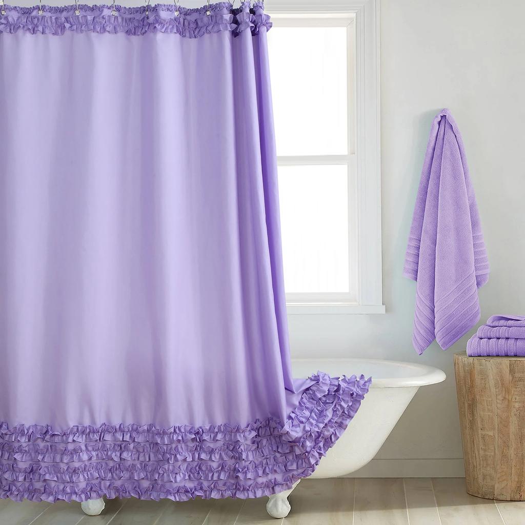 Ruffled Pink Modern Polyester Waterproof Fabric Solid Decoratived Farmhouse Shower Curtain