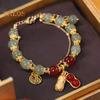 Women Bracelet Faux Jade Smooth Bead Leaf Peatnut Pendant Good Luck Adjustable Length Rhinestone Lady Bangle Prom Daily Wrist Jewelry