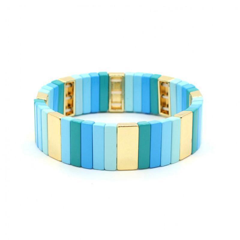 Geometric Enamel Bracelet With Rainbow Color Blocks Multi-Layer Stackable Boho Jewelry Travel Vacation Accessory