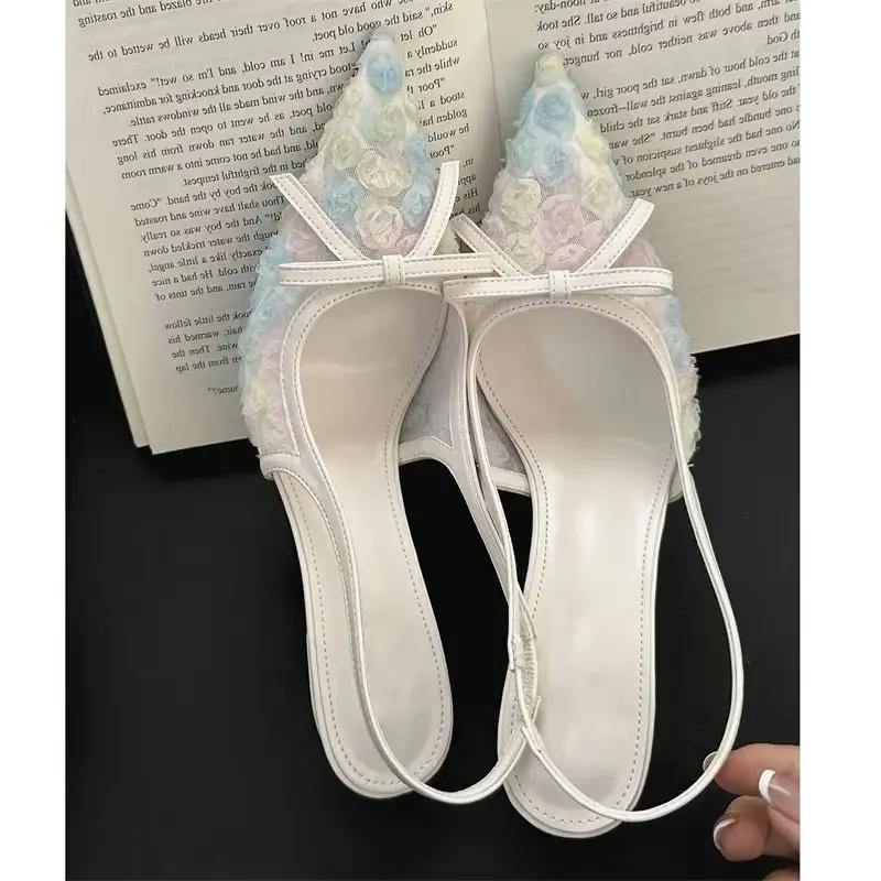 Fashion New Embroidery Flower Bow Design High Heels Women Sexy Pointy Toe Slingbacks Heeled Sandals Summer Elegant Party Dress Shoes