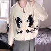 Rabbit jacquard lapel zipper sweater jacket women's autumn and winter retro lazy wind contrasting color soft waxy knitted cardigan