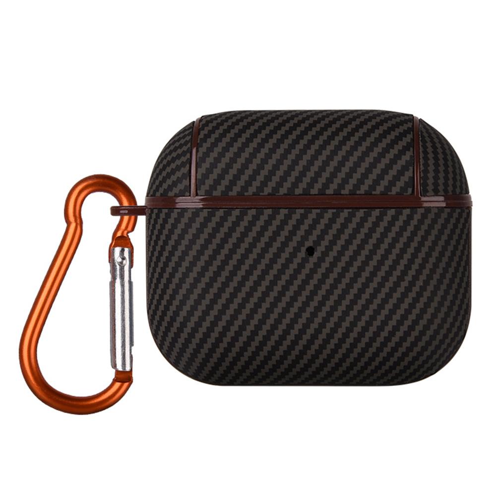 For Apple AirPods 3 Protective Cover Carbon Fiber Texture Earbuds PU Leather PC Hard Case with Hook