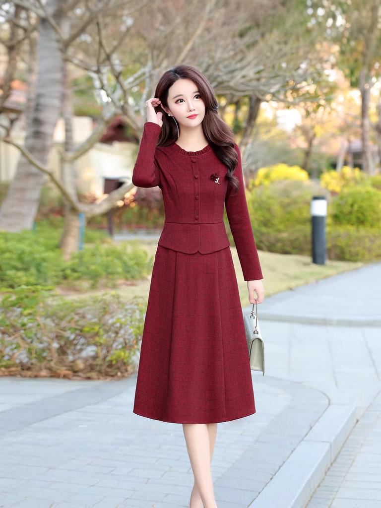 2026 Spring Korean Style Slim Fit Faux Two-Piece Dress - Elegant Round Neck Midi for Women
