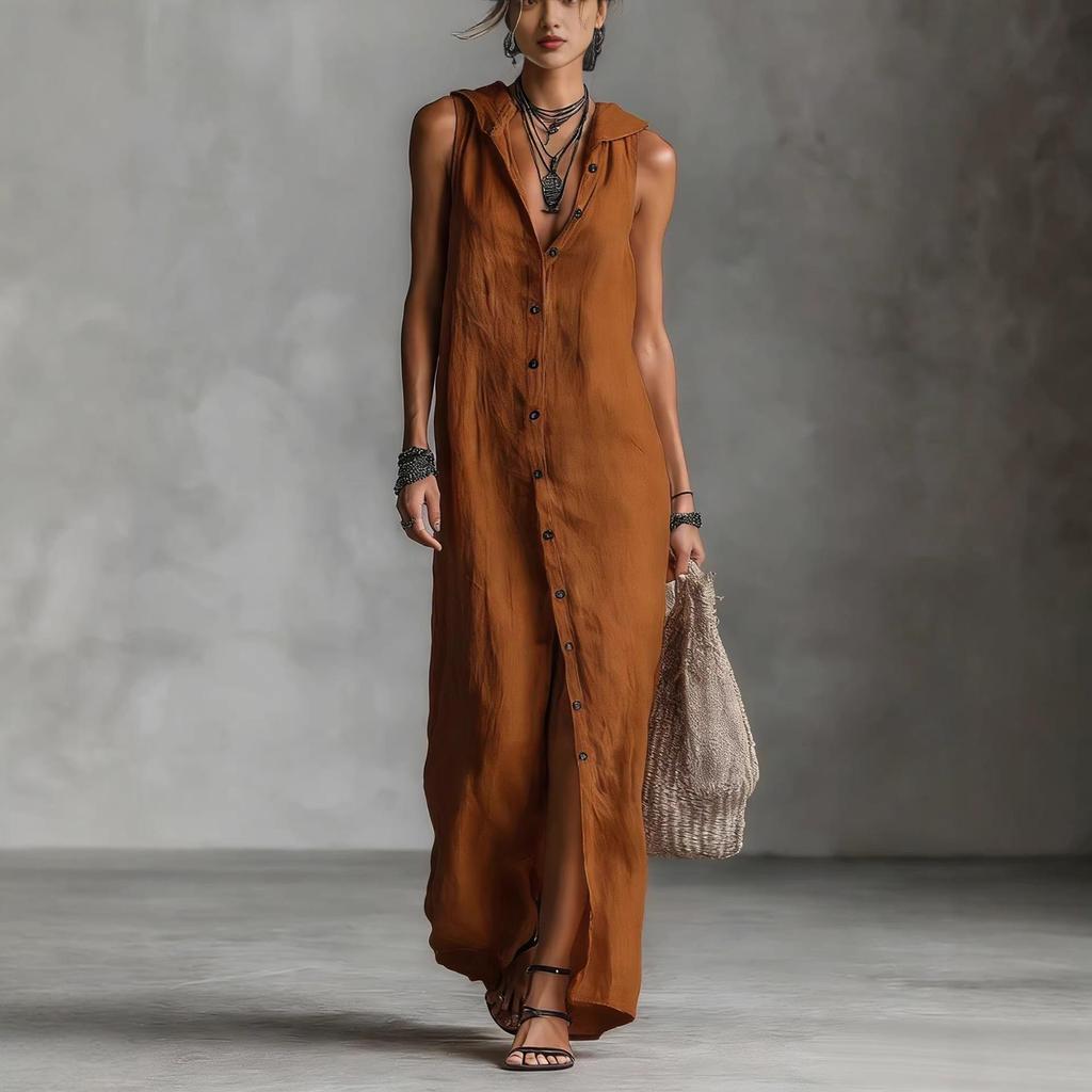 Robe Longue Sans Manches à Capuche pour Femme 2026 - Coupe Ample Décontractée, Design à Boutonnage Simple
