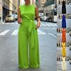 Damen ärmelloser Jumpsuit mit weitem Bein, lässig, einfarbig, Rundhalsausschnitt, Gürtel an der Taille, zum Binden, einteiliger Romper