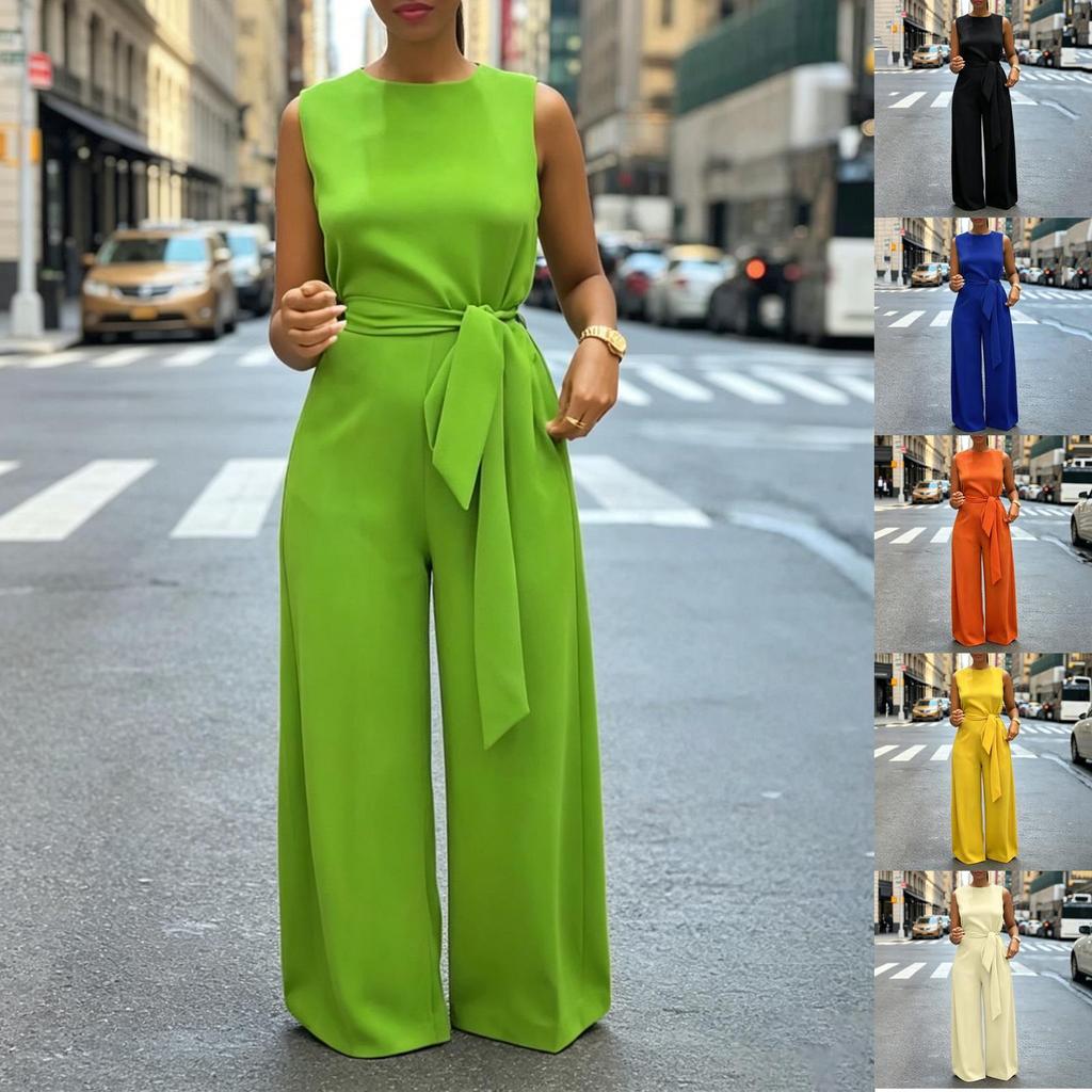 Womens Sleeveless Jumpsuit Wide Leg Casual Solid Color Round Neck Belted Waist Tie One Piece Romper