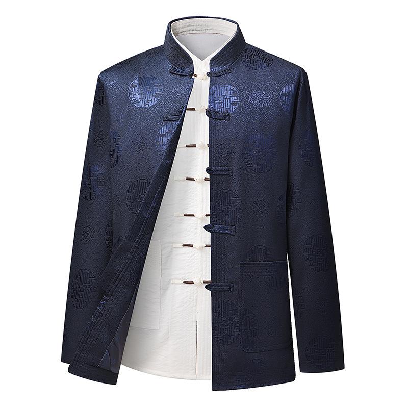 Men's Autumn Stand Collar Tang Suit Jacket - Long Sleeve Casual Coat for Middle-Aged & Elderly