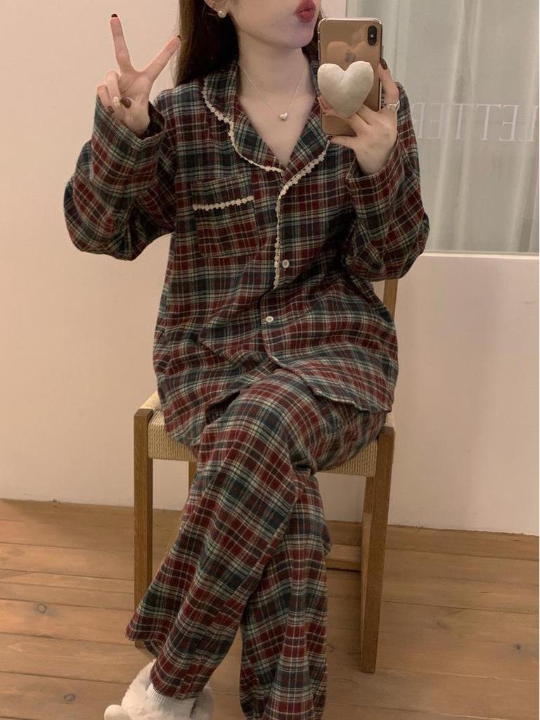 Japanese & Korean Style Couple's Plaid Lace Long-Sleeve Pajama Set