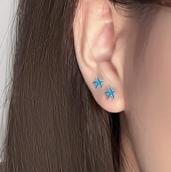 S925 Sterling Silver Mini Star Stud Earrings for Women - Blue Small Niche Summer Accessories