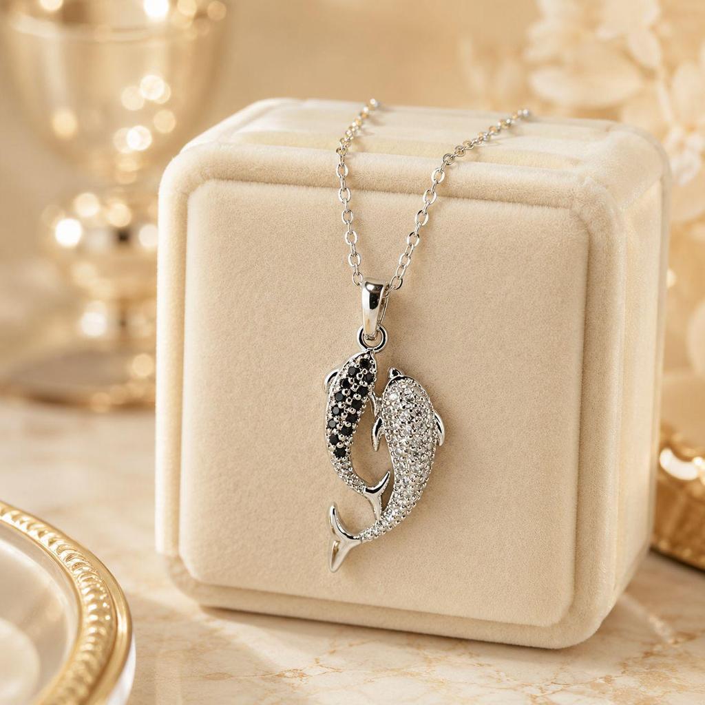 Copper-Plated 18K Gold Double Fish Zircon Pendant Necklace for Women