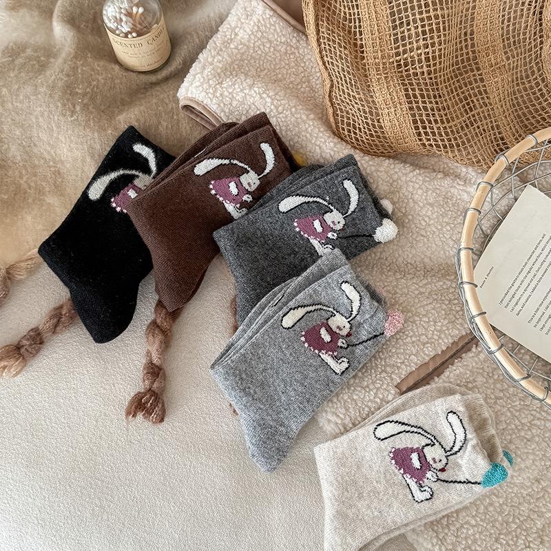 Design Wool Socks Cute Rabbit Contrast Color Coral Velvet Balloon In The Tube Women'S Socks To Keep Warm