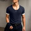 Men Scoop Neck Short Sleeve Stitching Casual Rib T-shirts Tops