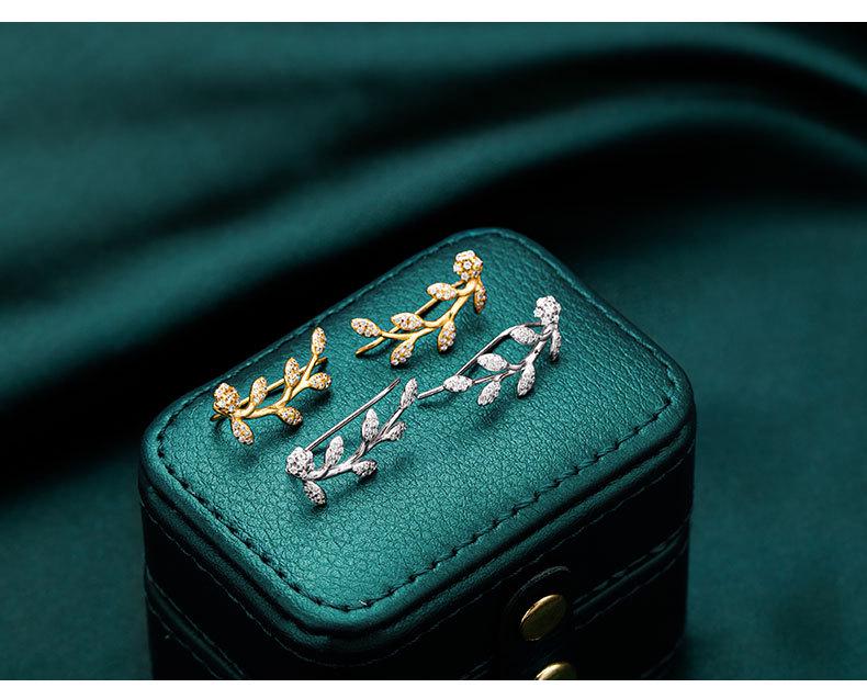 Banyan Tree S925 Silver Olive Branch Leaf Zircon Ear Hooks - Cold Style Summer Earrings for Women