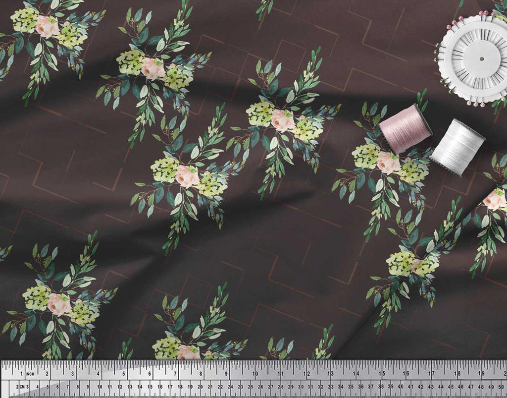 Soimoi Brown Poly Crepe Fabric Square & Leaves Printed Craft Fabric by the Metre 42 Inch