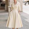 Women's Lapel V Neck Work Dress Long Sleeve A Line Swing Dress Formal Business Office Midi Blazer Dress