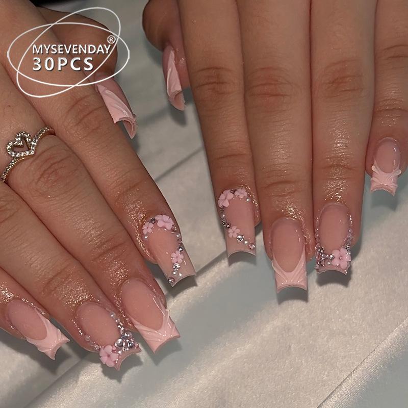 European & American Style Flash Diamond Flower French Manicure Press-On Nail Tips