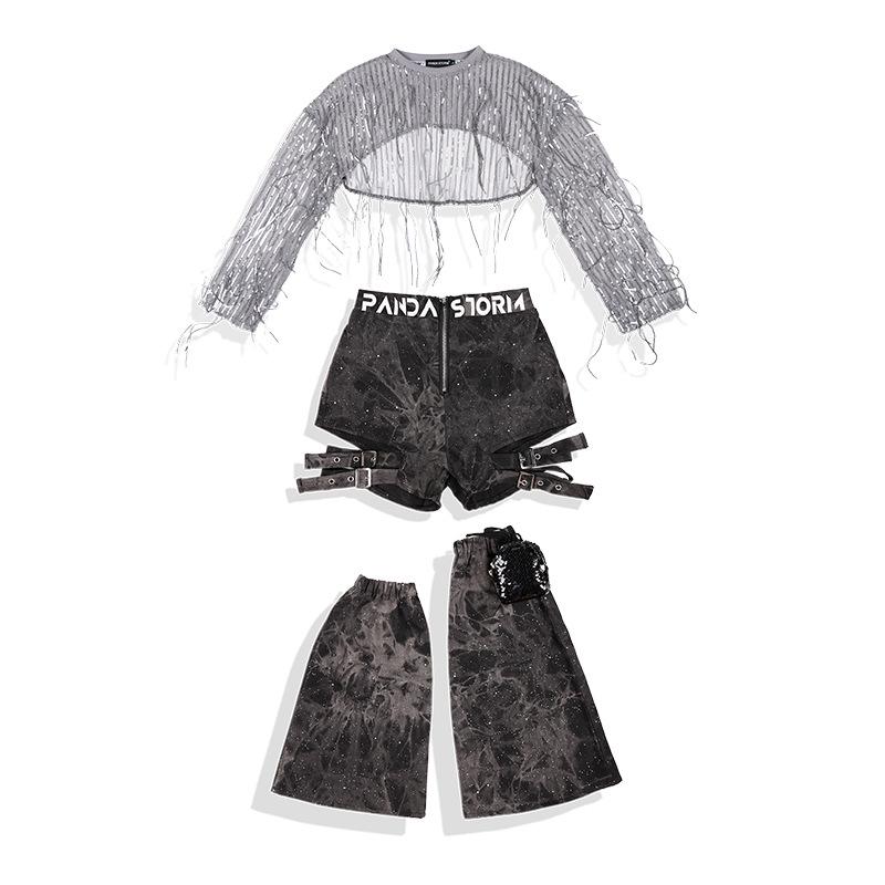 Girls' Sequin Tassel Jazz Dance Outfit - Mesh Long Sleeve & Pants Set for Street & Performance