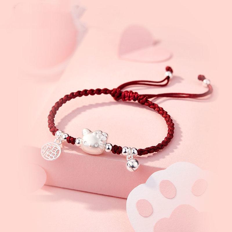 Handmade 999 Sterling Silver Cat Bracelet for Women - Red Woven Rope, Gift for Little Girls
