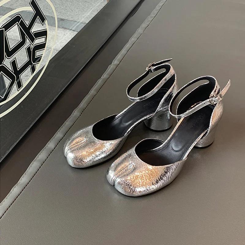 Moderne hæler Pumps Dame Runde høye hæler Lær Firkantede splittåpumps Sko Vår Sommer Sandaler Mary Janes Sko Hæler Dame