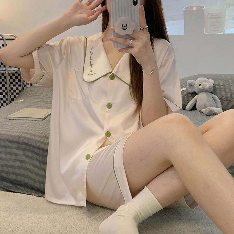 

Летняя пижама из высококачественного ледяного шелка, женский комплект из двух предметов с шортами и коротким рукавом, повседневная тонкая домашняя одежда в милом стиле 2XL