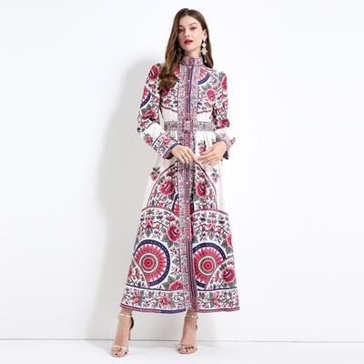 Verano Otoño Mujeres Cuello Alto Estampado Vintage Monopeto Largo Maxi Chic Boho Bohemio Vestidos con Cinturón