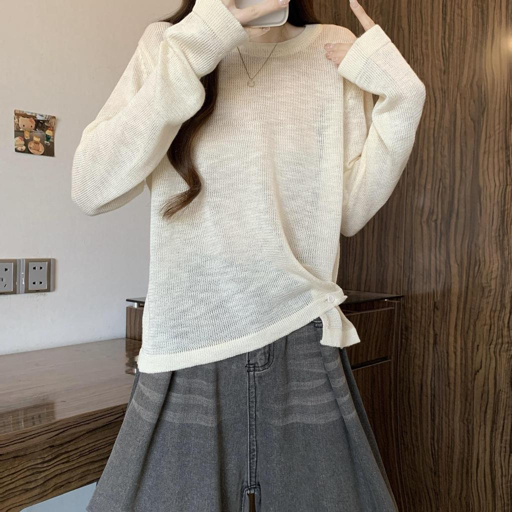 2026 Spring Round Neck Plus Size Split Hem Knit Top - Long Sleeve Waist-Cinching Design for Women