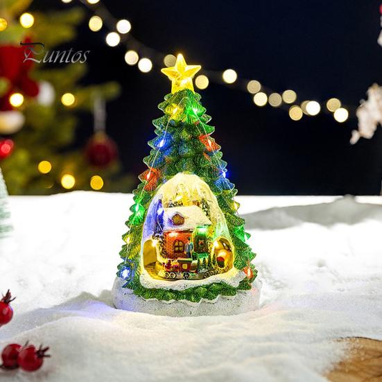 Resin Holiday Home Decor 2Pcs Christmas Train Music Box with Rotating Light, Snow Village Carousel Decorative Ornaments Ornament, Battery/USB Powered