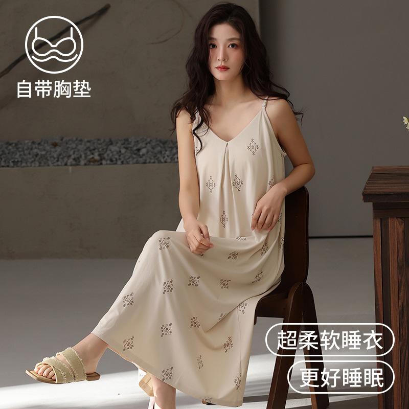Modal nightdress women's summer new cool ice silk suspender sexy nightdress with chest pad pajamas loungewear summer