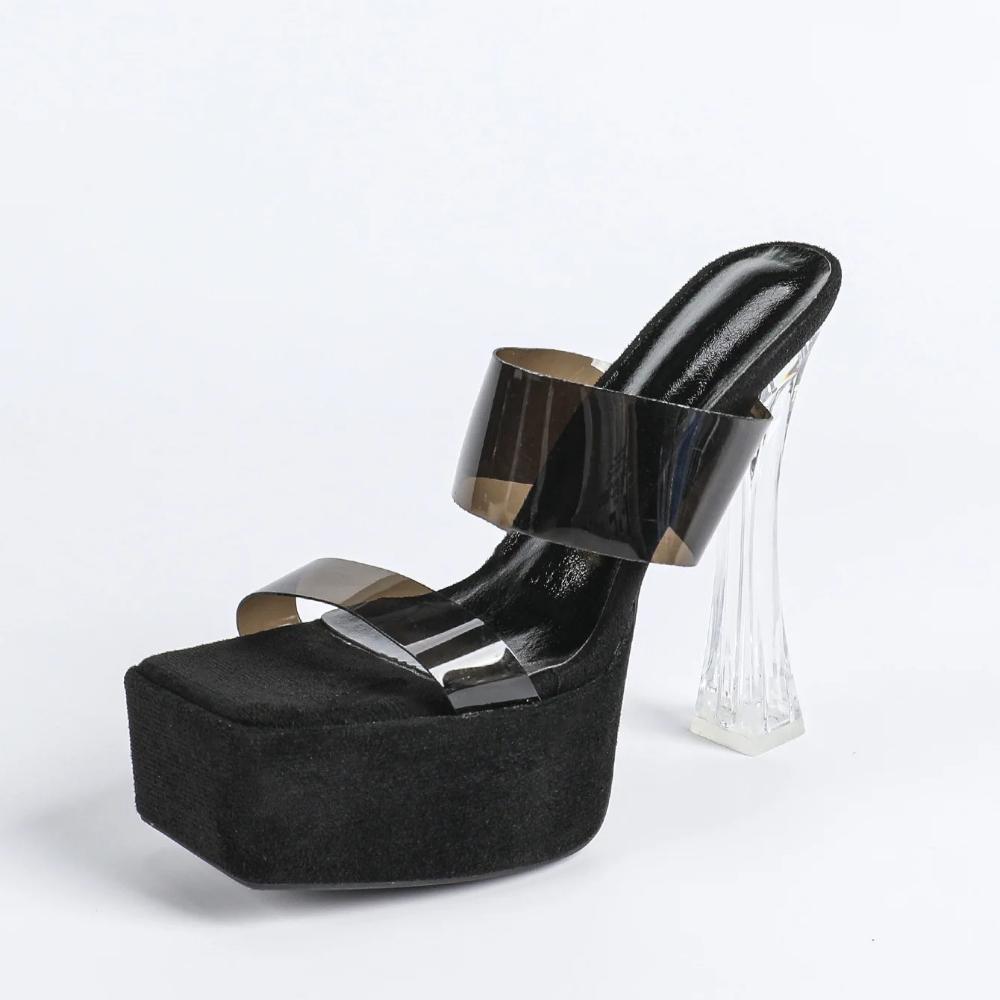 MCLUBGIRL  Summer Wear Crystal Cool Slippers Thick-soled Waterproof Table Transparent Word With High-heeled Sandals LFD-3640-5