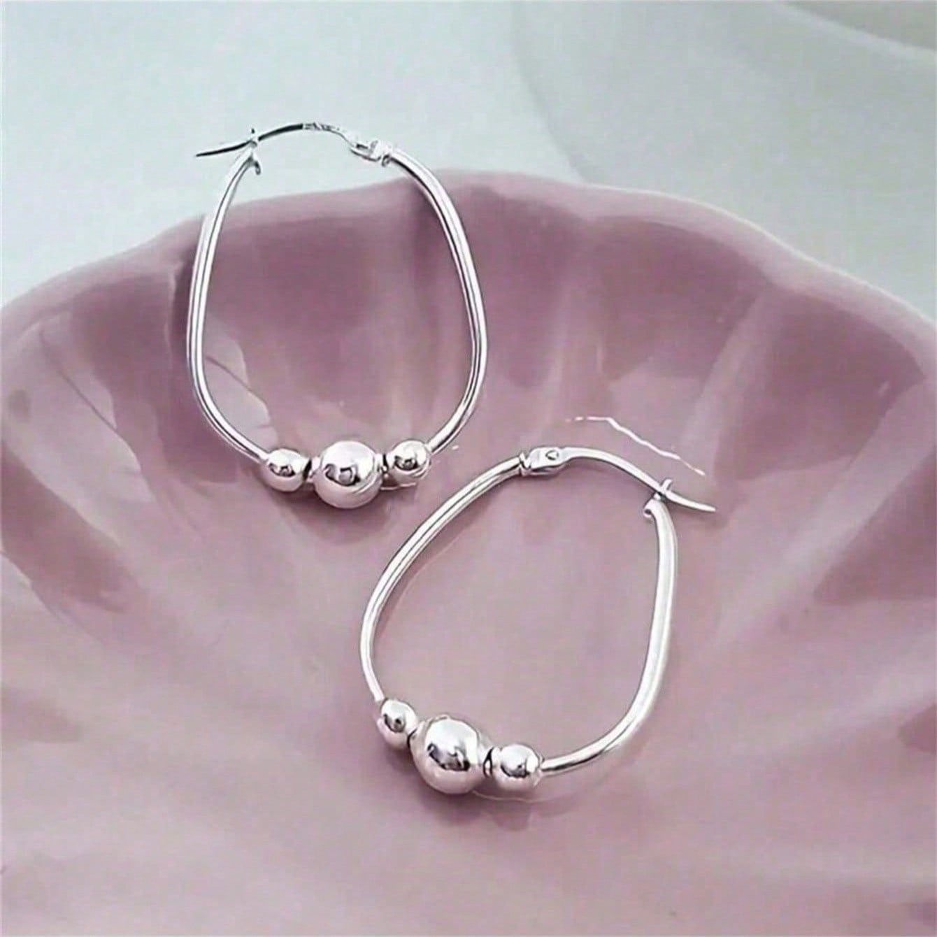 

1 Pair Silver 3 Beads Hoop Earrings, Pendant Hoop Earrings, Suitable For Women, Delicate Earrings Valentine s Day Accessories one-size серебряный