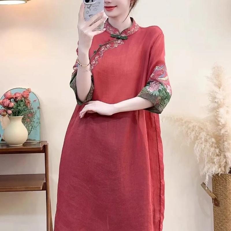 Women New Chinese Style Embroidered Linen Cheongsam Dress Vintage Qipao Midi Dress