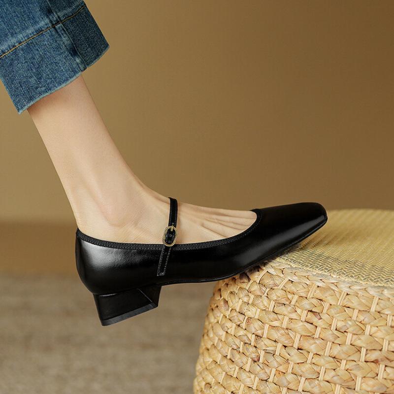 New sheepskin women's shoes low-heeled solid-color leather square heel beef tendon sole large-size shoes cowhide casual square head four-season si