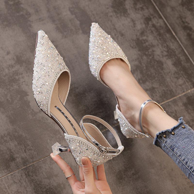 Women Pumps 2022 Newest Ankle Strap Crystal High Heels Shoes Woman Pointed Toe Thin Heel Wedding Party Shoes