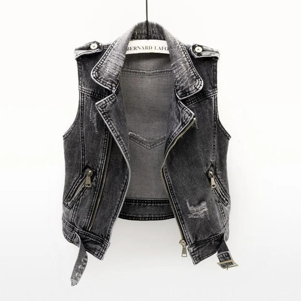 

Female Spring/Fall Sleeveles Short-Length Distressed Denims Special Blazer-Collar Biker Jacket XS