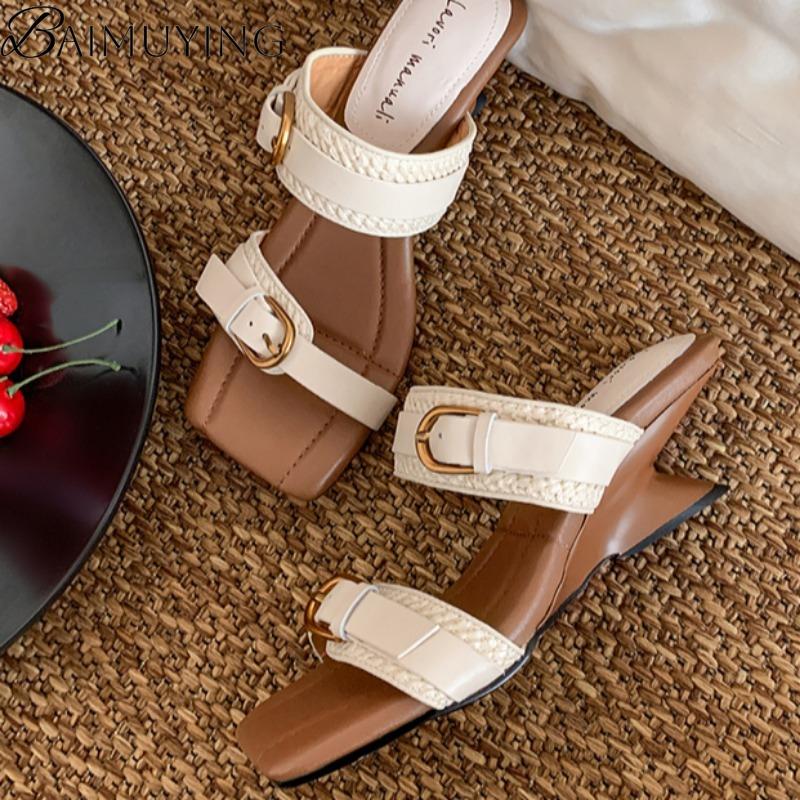 Fashion Square Toe Women Slippers Weave Sandals Loafers High Heels Shoes Woman 2025 Trend Summer Beach Casual Pumps Shallow Slides Mujer