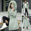 Winter Plus Size Jacket Women Long Sleeve Knee Length Thick Plush Furry Hood Pockets Zipper Button Closure