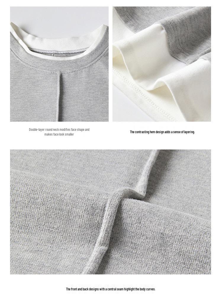 Women's 250g Heavyweight Two-Piece Look Round Neck Long Sleeve T-Shirt - Spring/Autumn Fashion with Straight Shoulder Patchwork Design